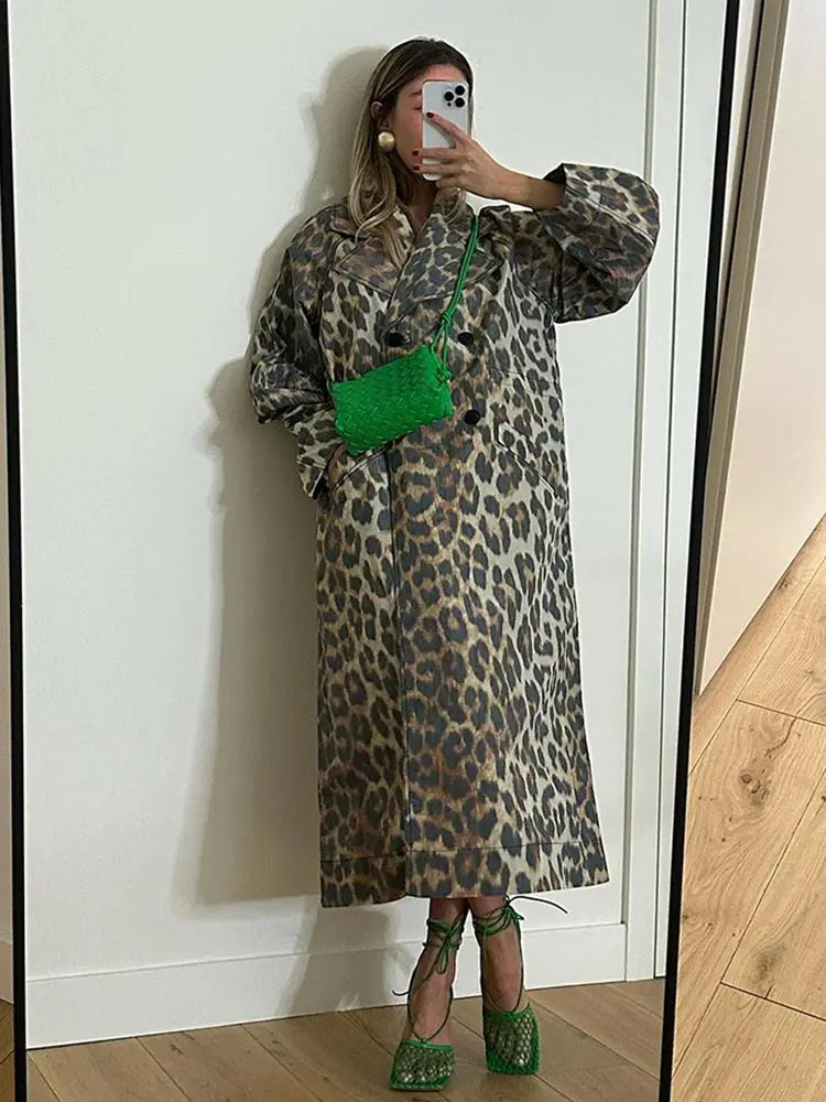 Aiertu - Fashion Leopard Printed Single Breasted Long Coats Casual Lapel Full Sleeve Pocket Loose Windbreak Autumn Lady Commute Outwear Aiertu