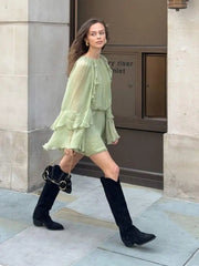 Aiertu - Fashion Green Ruffles Pleated Dress For Women Round Neck Long Sleeve Mini Dresses New Elegant Female Vacation Party Vestidos Aiertu