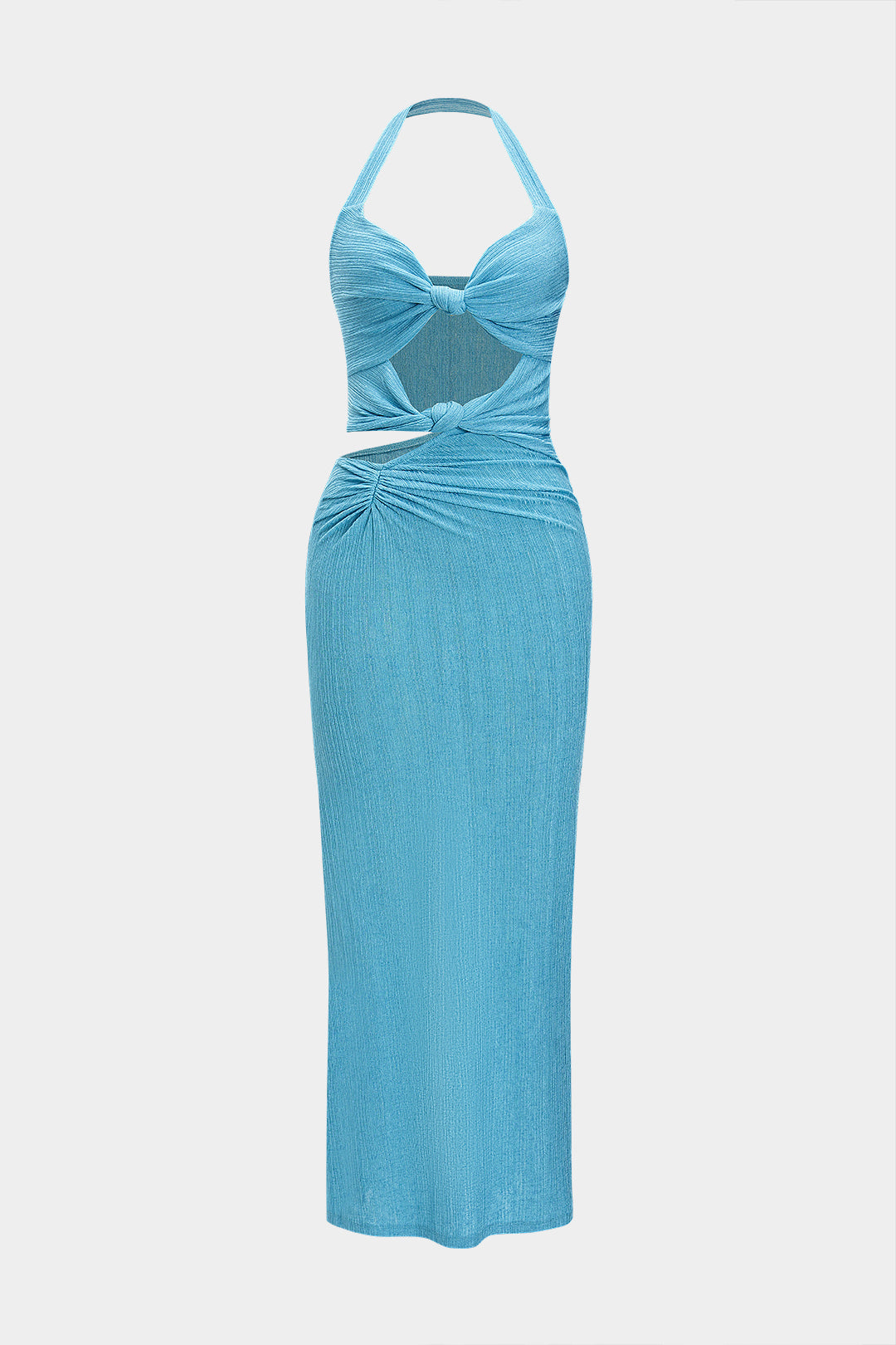 Aiertu - Halter Neck Asymmetrical Twist Knot Ruched Sleeveless Slit Maxi Dress Aiertu