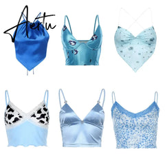90s Blue Halter Top Y2K Aesthetic Summer Sleeveless Cropped Sexy Women Backless Camisole Tube Top E-girl Cute Sweet Streetwear Aiertu