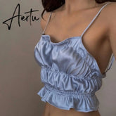 90s Blue Halter Top Y2K Aesthetic Summer Sleeveless Cropped Sexy Women Backless Camisole Tube Top E-girl Cute Sweet Streetwear Aiertu
