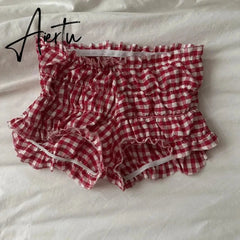90s Vintage Cottage Plaid Shorts Elastic Slim Fit Bloomers Pants Women Kawaii Loungewear Fairy Retro Y2K Cute Knickers Bottom Aiertu