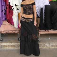 90s Vintage Floral Lace Sheer Crop Tops + Long Skirt 2 Piece Matching Set Fiary Grunge Off Shoulder T-shirt Y2K Streetwear Aiertu