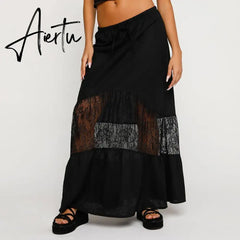 90s Vintage Floral Lace Sheer Crop Tops + Long Skirt 2 Piece Matching Set Fiary Grunge Off Shoulder T-shirt Y2K Streetwear Aiertu