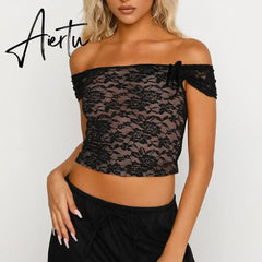 90s Vintage Floral Lace Sheer Crop Tops + Long Skirt 2 Piece Matching Set Fiary Grunge Off Shoulder T-shirt Y2K Streetwear Aiertu