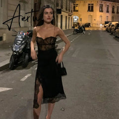 90s Vintage Lace Patchwork Split Midi Dress Chic Women Sexy Backless Spaghetti Strap Dresses Birthday Party Night Streetwear Aiertu