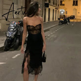 90s Vintage Lace Patchwork Split Midi Dress Chic Women Sexy Backless Spaghetti Strap Dresses Birthday Party Night Streetwear Aiertu