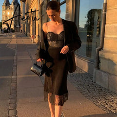 90s Vintage Lace Patchwork Split Midi Dress Chic Women Sexy Backless Spaghetti Strap Dresses Birthday Party Night Streetwear Aiertu