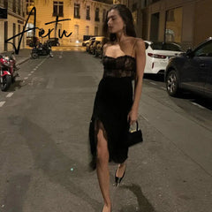 90s Vintage Lace Patchwork Split Midi Dress Chic Women Sexy Backless Spaghetti Strap Dresses Birthday Party Night Streetwear Aiertu