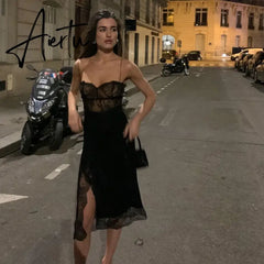 90s Vintage Lace Patchwork Split Midi Dress Chic Women Sexy Backless Spaghetti Strap Dresses Birthday Party Night Streetwear Aiertu