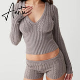 90s Vintage Zipper Cardigans Hooded Outfits Cottage Kink Knitted 2 Piece Set Women Cropped Sweater Pullovers + Slim Fit Shorts Aiertu