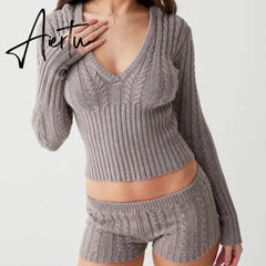 90s Vintage Zipper Cardigans Hooded Outfits Cottage Kink Knitted 2 Piece Set Women Cropped Sweater Pullovers + Slim Fit Shorts Aiertu