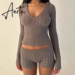 90s Vintage Zipper Cardigans Hooded Outfits Cottage Kink Knitted 2 Piece Set Women Cropped Sweater Pullovers + Slim Fit Shorts Aiertu