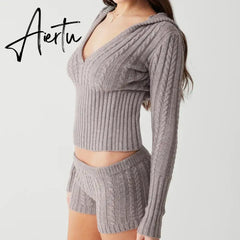 90s Vintage Zipper Cardigans Hooded Outfits Cottage Kink Knitted 2 Piece Set Women Cropped Sweater Pullovers + Slim Fit Shorts Aiertu