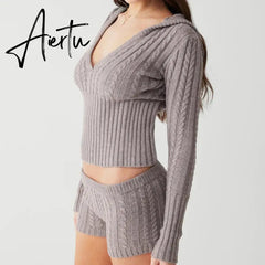 90s Vintage Zipper Cardigans Hooded Outfits Cottage Kink Knitted 2 Piece Set Women Cropped Sweater Pullovers + Slim Fit Shorts Aiertu