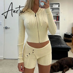 90s Vintage Zipper Cardigans Hooded Outfits Cottage Kink Knitted 2 Piece Set Women Cropped Sweater Pullovers + Slim Fit Shorts Aiertu