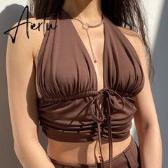 90s Y2K Brown Cami Tanks Ruched Tie Up Crop Top Women New Harajuku Cute Backless Tank Tops Sexy Halter Party Beachwear Aiertu