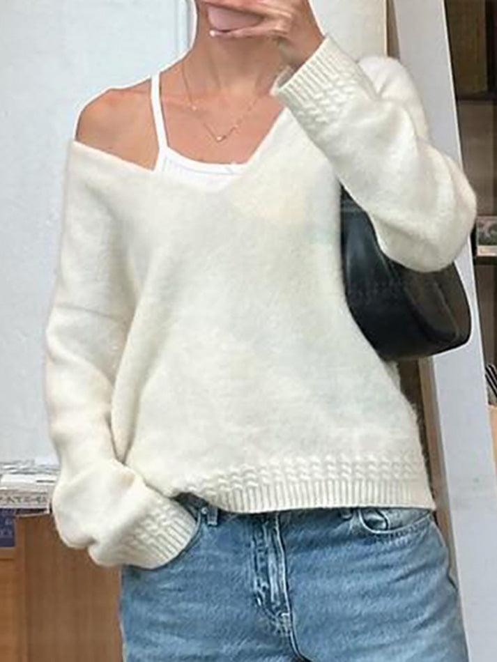Aiertu -V Neck Solid Color Oversized Sweater aiertu