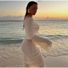 Aiertu - Sexy Strapless Knit Dress Women Slim Hollow Out Female Long Sleeve Female Dresses 2026 Spring Summer Fashion Beach Holiday Robe Aiertu