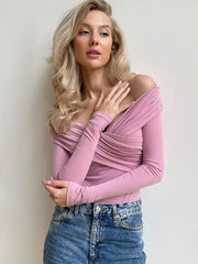 Aiertu - Elegant 2026 Autumn Woman Clothing One Piece Bodysuit Top Streetwear Fashion Girls Off Shoulder V-neck Long Sleeve Folds T-shirt Aiertu