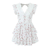 Aiertu - Summer Women Lace Embroidery Spliced Flying Sleeve V Neck Floral Print Mini Dresses Aiertu