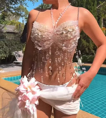 Aiertu - Women Fashion Crystal Rhinestons Tassel Beaded Camisole Crop Tops Sexy Bralette Y2K Party Clubwear Bra All Matching Chest Chain Aiertu