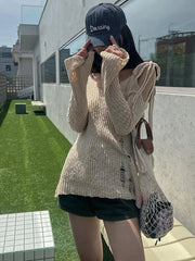 Aiertu - Punk Gothic Mid-long Length Knitted Tops Women 2025 Solid Hollow Out Hole Flare Sleeve Loose Y2k Streetwear Pullover Top Female Aiertu