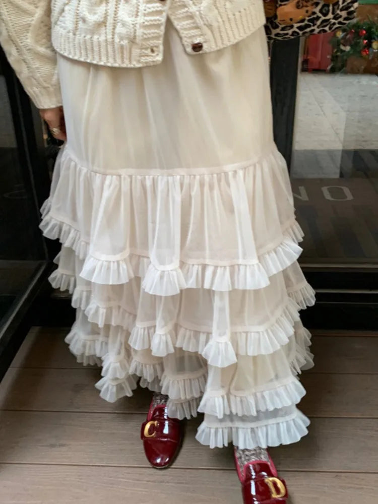 Aiertu - Sweet Chic Ruffle Mesh Tutu Cake Skirt Elastic Waist Beige Streetwear Long Skirt 2025 New Spring Summer A-line Fashion Skirts Aiertu