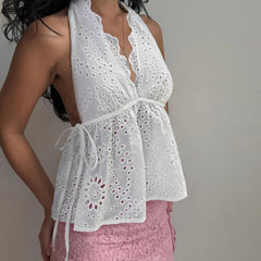 Aiertu - Y2K Aesthetics Jacquard Hollow Camis Women Summer Backless Vacation Halter Tops Lace Patchowork Hottie Clothes Trend Aiertu