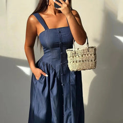 Aiertu - Maxi Dress Women's Summer Casual Solid Suspender Sleeveless Nipped Waist Pleated Single Breasted Button Holiday Dresses Aiertu