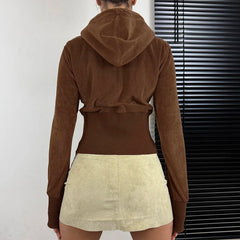 Aiertu - Vintage Faux Suede Velvet Slim Jacket Brown Casual Zipper Coat Y2K Streetwear Hooded Outwear Fashion Winter Outfits Aiertu