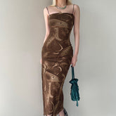Aiertu - Retro Print Backless Strap Sexy Sling Maxi Dress Aiertu