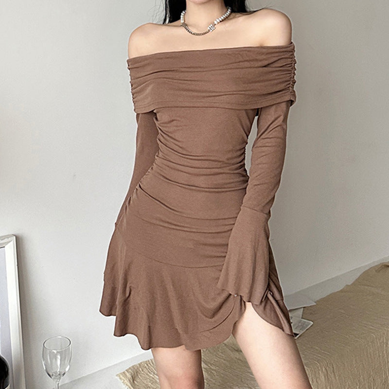 Aiertu - Ruffle Off Shoulder Ribbed Mini Dress Aiertu