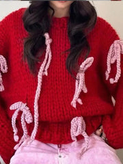 Aiertu - Bow Knitted Women Sweater Long Sleeve O Neck Lady Top 2026 Autumn New Sweetie Fashion Elegant Contrast Loose Female Pullover Aiertu