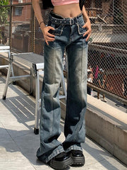 Aiertu Distressed Burr Waist Buckle Design Boyfriend Jeans Aiertu