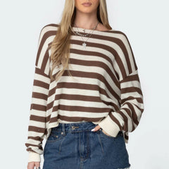 Aiertu - Womens Striped Loose Knit Sweater Fall Fashion Round Neck Long Sleeve Drop Shoulder Pullovers Casual Knitwear Aiertu