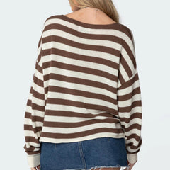 Aiertu - Womens Striped Loose Knit Sweater Fall Fashion Round Neck Long Sleeve Drop Shoulder Pullovers Casual Knitwear Aiertu