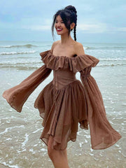 Aiertu Elegant Chiffon Corset Dress Brown Flare Long Sleeve Mini Dresses Vacation Short Party Dress Ruffles Slash Neck Outfit Aiertu