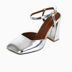 Aiertu - Rhinestone Shoes for Womens Square Toes Chunky High Heels Buckle Ladies Patent Leather Solid Tacones Ankle Strap Chassure Femme Aiertu