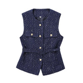 Aiertu - Women Blue Tweed Waistcoat With Belt Sleeveless Female Outerwear PS0138 Aiertu