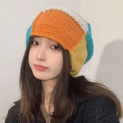 Aiertu - Fashion Color Patch Beanie Hats For Women Hand Crocheted Skull Caps Spring Autumn Outdoor Ear Protector Hollow Thin Knitted Hat Aiertu