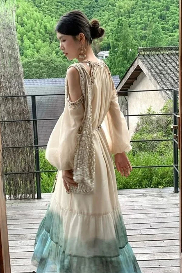 Aiertu - Spring New Korean Fashion Bohemian Vacation Style Slimming Shell Off Shoulder Vintage Dress Tie Dye A-line Long Dress for Women Aiertu