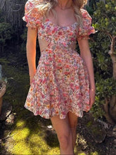 Aiertu - Women s Summer Floral Print Dress Short Puff Square Neck Cutout Waist Mini A-Line Dress Aiertu