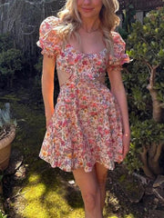 Aiertu - Women s Summer Floral Print Dress Short Puff Square Neck Cutout Waist Mini A-Line Dress Aiertu