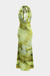 Aiertu - Tie Dye Print Backless Cowl Neck Maxi Dress Aiertu