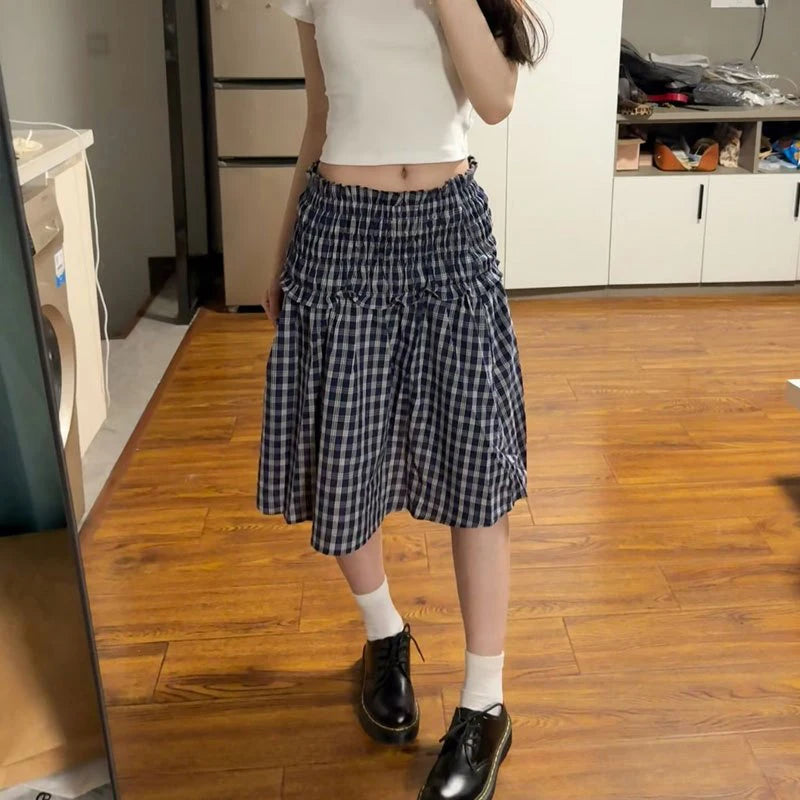 Aiertu - Vintage Plaid Mini Skirt Women Harajuku Aesthetic Patchwork Knee Length Skirts Summer Korean High Waist A Line Faldas New Aiertu