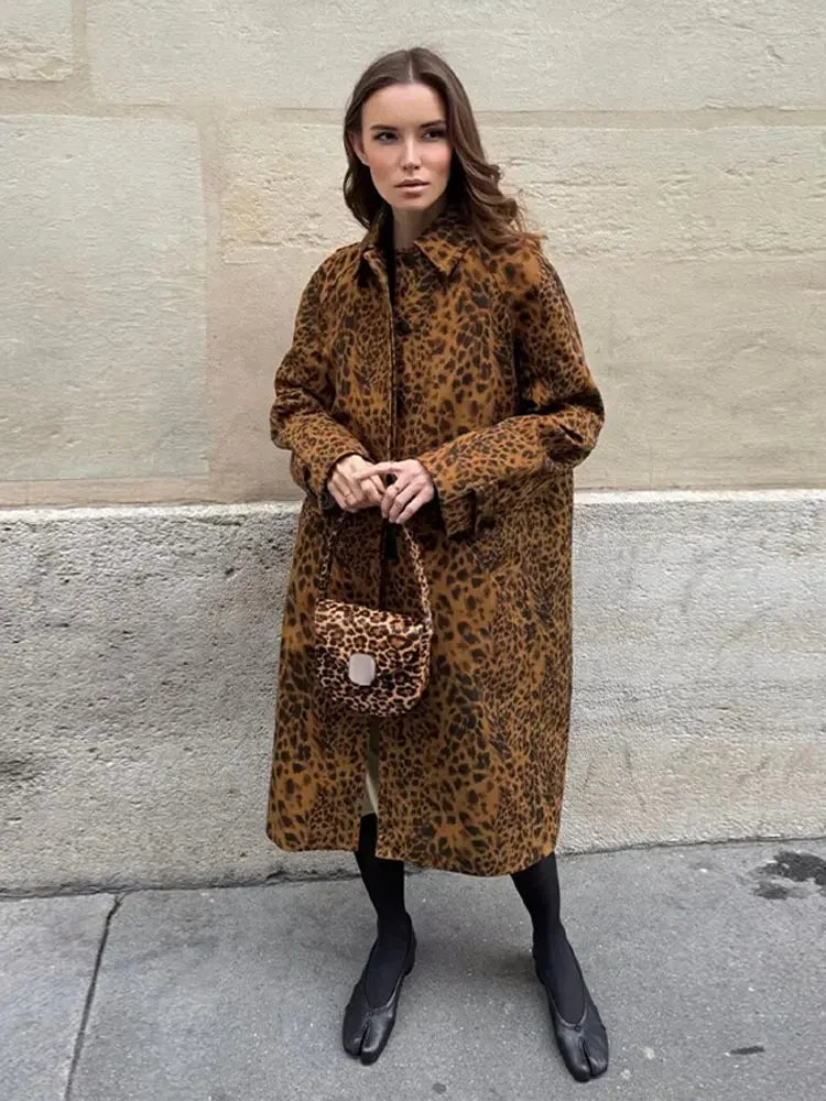 Aiertu - Women Fashion Leopard Print Lapel Suede Trench Coat Autumn Casual Long Sleeved Buttoned Jacket 2026 Lady High Street Outercoat Aiertu