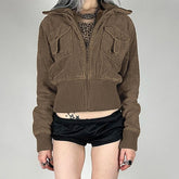Aiertu - Y2K Corduroy Jacket Women Fashion Autumn 2000s Brown Zip Up Coat Vintage Pocket Detail Slim Fit Outerwear Streetwear Aiertu