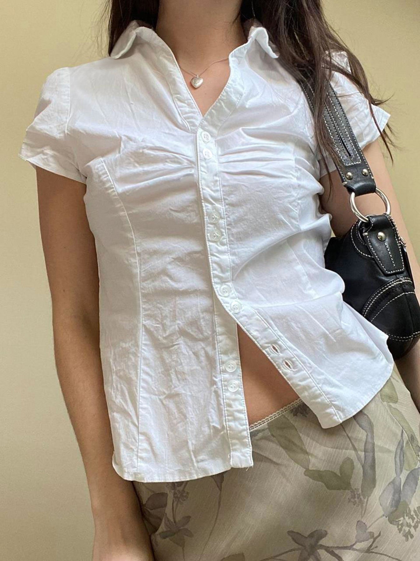 Aiertu - summer inspo Solid Shirring Button Up Turn Down Collar Short Sleeve White Shirts Women Simple Casual Summer Clothes Aiertu