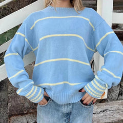 Aiertu - cold weather outfits Fashion Striped Women Sweater Y2K O-neck Loose Fit Jumper Top Preppy Style Casual Knitted Pullovers Korean Outfits Aiertu